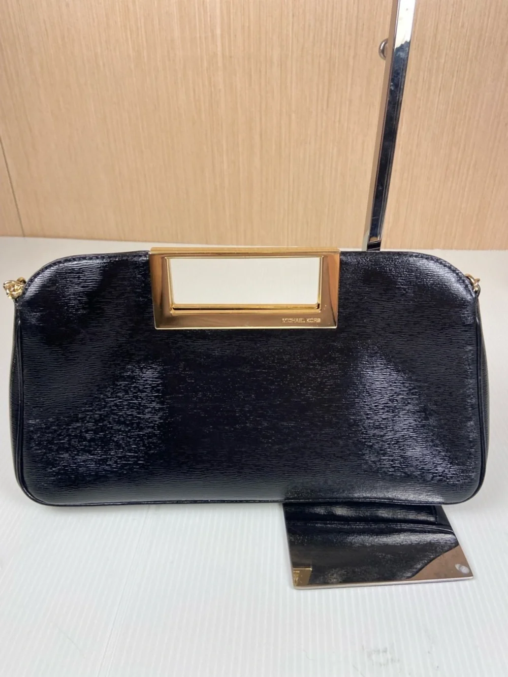 Michael Kors Black Leather Frame Clutch Gold Bar Handle Evening Bag Chain Strap